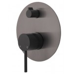 Kaya Wall Diverter Mixer, Matte Black, Large Round Gun Metal Plate Kaya Wall Diverter Mixer, Matte Black, Large Round Gun Metal Plate